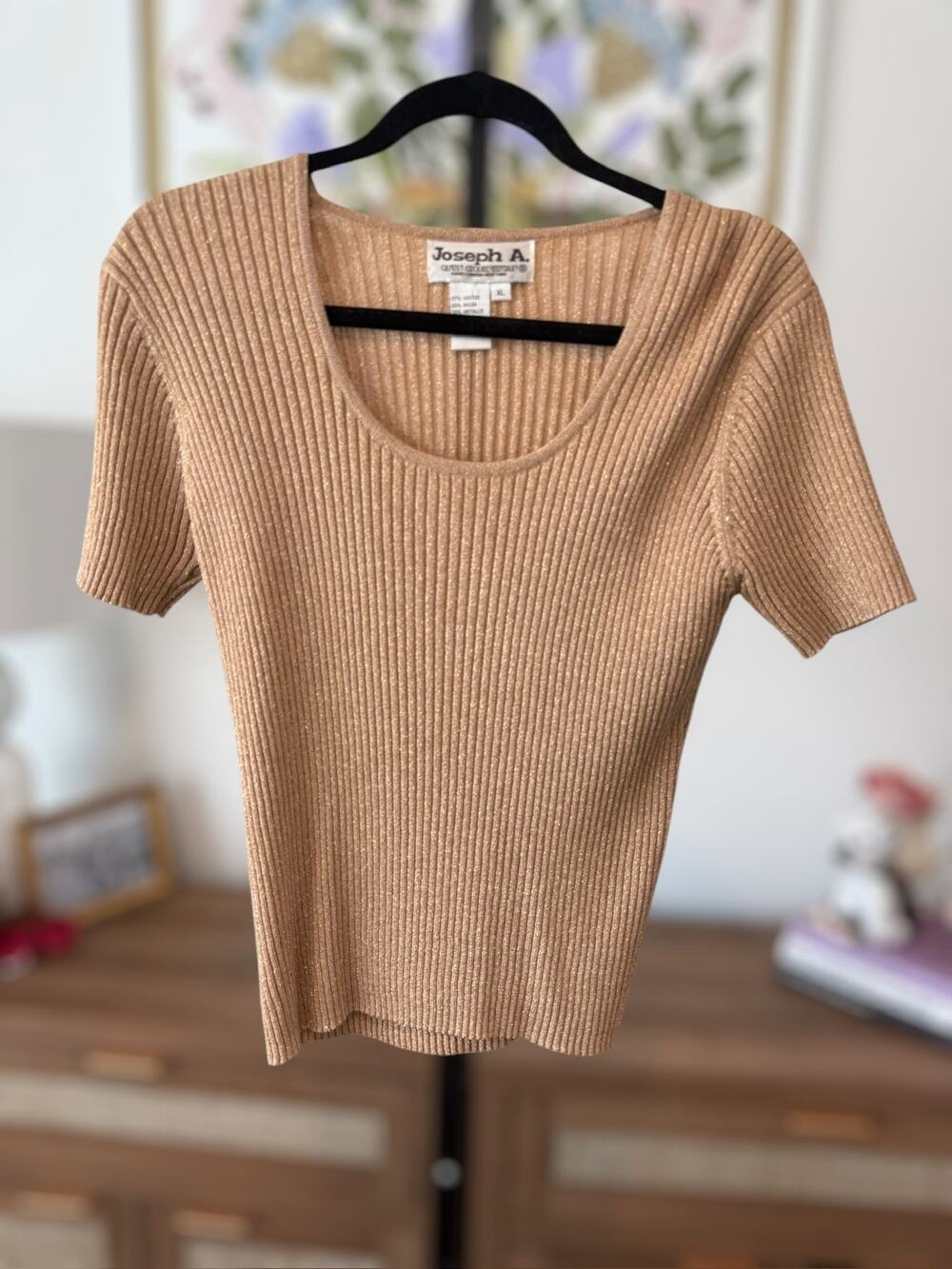 Joseph A. Metallic Ribbed Scoop Neck Short Sleeve Sweater Top Gold Brown Size XL